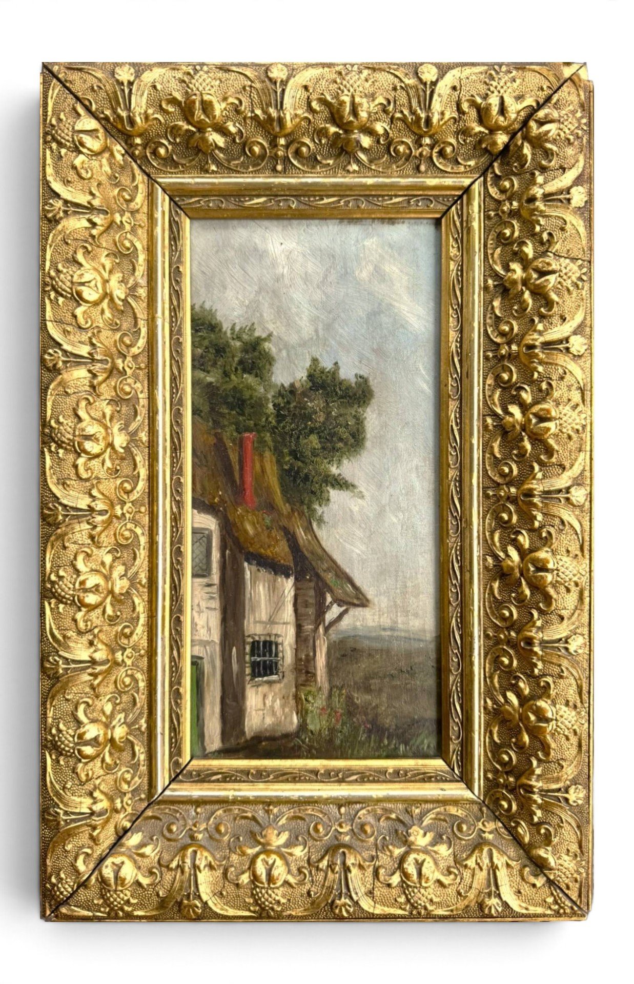 Antique 19th Century Cottage Painting, Oil on Wood, Rural Landscape, European Art